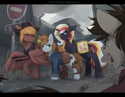 Size: 4093x3183 | Tagged: safe, artist:sinrinf, imported from derpibooru, oc, oc:calamity, oc:littlepip, oc:velvet remedy, pegasus, pony, unicorn, fallout equestria, angry, glowing horn, gun, handgun, horn, illustration, little macintosh, mountain, patreon, patreon reward, revolver, stop sign, wasteland, weapon, wings