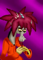 Size: 762x1048 | Tagged: safe, artist:gizmo01, imported from derpibooru, discord, draconequus, alternate hairstyle, antlers, clothes, devious smile, fangs, male, prison outfit, purple background, sideshow bob, simple background, spiky hair, the simpsons