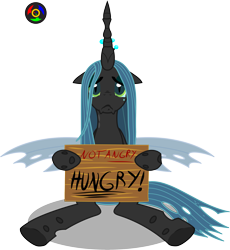 Size: 3129x3405 | Tagged: safe, artist:kyoshyu, imported from derpibooru, queen chrysalis, changeling, changeling queen, crying, female, high res, hungry, sad, sign, simple background, solo, transparent background, underhoof, vector