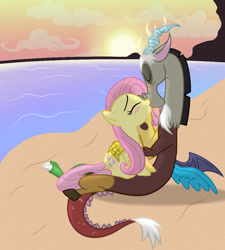 Size: 900x1000 | Tagged: dead source, safe, artist:pizza lord, imported from derpibooru, discord, fluttershy, draconequus, pegasus, pony, beach, blushing, cloud, discoshy, duo, evening, female, kiss on the lips, kissing, male, mare, shipping, show accurate, straight, sun, vector
