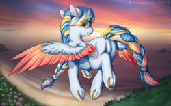 Size: 2521x1558 | Tagged: safe, artist:megabait, imported from derpibooru, oc, oc only, oc:seashore swirl, pegasus, pony, beach, braid, butt, flower, flying, looking back, ocean, plot, raised tail, solo, spread wings, stars, sunset, tail, wings