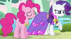 Size: 1312x719 | Tagged: safe, imported from derpibooru, screencap, pinkie pie, rarity, earth pony, pony, unicorn, keep calm and flutter on, season 3, clothes, cropped, dress, female, mare