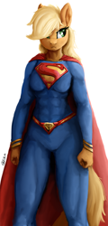 Size: 1080x2250 | Tagged: safe, artist:raphaeldavid, imported from derpibooru, applejack, anthro, abs, app-el, cape, clothes, crossover, signature, simple background, solo, superman, supermare, unamused, white background