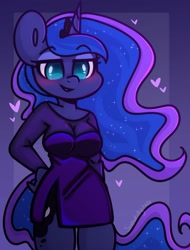 Size: 1231x1621 | Tagged: safe, artist:sakukitty, imported from derpibooru, princess luna, alicorn, anthro, blushing, breasts, cleavage, clothes, dress, heart, lidded eyes, smiling, solo