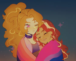 Size: 1572x1263 | Tagged: safe, artist:stummm, imported from derpibooru, adagio dazzle, sunset shimmer, equestria girls, bisexual pride flag, blushing, eyes closed, febfem pride flag, female, hug, lesbian, pride, pride flag, shipping, sunsagio, tongue out