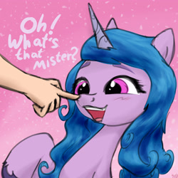 Size: 3500x3500 | Tagged: safe, artist:littlenaughtypony, imported from derpibooru, izzy moonbow, human, pony, unicorn, boop, female, g5, hand, high res, mare, offscreen character, offscreen human, open mouth, smiling, talking, what's this?