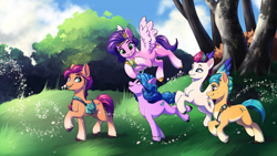 Size: 8000x4500 | Tagged: safe, artist:faline-art, imported from derpibooru, hitch trailblazer, izzy moonbow, pipp petals, sunny starscout, zipp storm, earth pony, pegasus, pony, unicorn, absurd file size, absurd resolution, adorapipp, adorazipp, ball, coat markings, cute, female, flying, g5, grin, group, izzy's tennis ball, looking at each other, male, mane five (g5), mare, open mouth, quintet, royal sisters (g5), running, siblings, sisters, smiling, socks (coat markings), stallion, tennis ball, tree, unshorn fetlocks