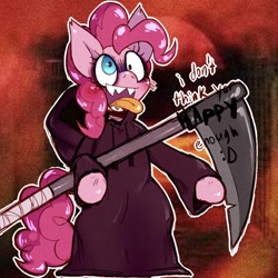 Size: 740x740 | Tagged: safe, artist:mclovin, imported from derpibooru, pinkie pie, anthro, earth pony, pony, blushing, grim reaper, happy happy joy joy, scythe, solo, tongue out