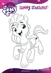 Size: 1654x2339 | Tagged: safe, imported from derpibooru, sunny starscout, earth pony, pony, black and white, coloring page, female, g5, grayscale, mare, monochrome, official, open mouth, smiling, solo, text