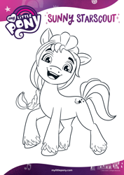 Size: 1654x2339 | Tagged: safe, imported from derpibooru, sunny starscout, earth pony, pony, black and white, coloring page, female, g5, grayscale, mare, monochrome, official, open mouth, smiling, solo, text