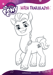 Size: 1654x2339 | Tagged: safe, imported from derpibooru, hitch trailblazer, earth pony, pony, badge, black and white, coloring page, g5, grayscale, grin, male, monochrome, official, sheriff's badge, smiling, solo, text