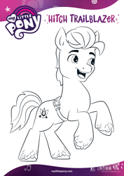 Size: 1654x2339 | Tagged: safe, imported from derpibooru, hitch trailblazer, earth pony, pony, badge, black and white, coloring page, g5, grayscale, male, monochrome, official, open mouth, rearing, sheriff's badge, smiling, solo, text