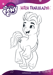 Size: 1654x2339 | Tagged: safe, imported from derpibooru, hitch trailblazer, earth pony, pony, black and white, coloring page, g5, grayscale, male, monochrome, official, open mouth, smiling, solo, text