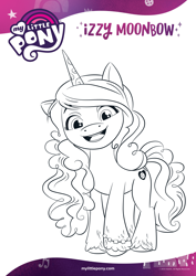 Size: 1654x2339 | Tagged: safe, imported from derpibooru, izzy moonbow, pony, unicorn, black and white, coloring page, female, g5, grayscale, looking at you, monochrome, official, open mouth, smiling, solo, text