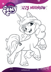 Size: 1654x2339 | Tagged: safe, imported from derpibooru, izzy moonbow, pony, unicorn, black and white, coloring page, female, g5, grayscale, monochrome, official, open mouth, smiling, solo, text