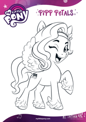 Size: 1654x2339 | Tagged: safe, imported from derpibooru, pipp petals, pegasus, pony, adorapipp, black and white, coloring page, cute, female, g5, grayscale, mare, monochrome, my little pony: a new generation, official, one eye closed, open mouth, smiling, solo, text, wink