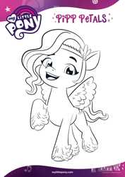Size: 1654x2339 | Tagged: safe, imported from derpibooru, pipp petals, pegasus, pony, black and white, coloring page, female, g5, grayscale, mare, monochrome, official, open mouth, smiling, solo, text