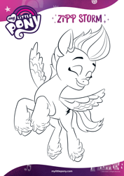 Size: 1654x2339 | Tagged: safe, imported from derpibooru, zipp storm, pegasus, pony, black and white, coloring page, eyes closed, female, g5, grayscale, grin, mare, monochrome, official, smiling, solo, text