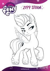 Size: 1654x2339 | Tagged: safe, imported from derpibooru, zipp storm, pegasus, pony, black and white, coloring page, female, g5, grayscale, mare, monochrome, official, solo, text