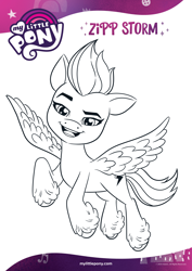 Size: 1654x2339 | Tagged: safe, imported from derpibooru, zipp storm, pegasus, pony, black and white, coloring page, female, g5, grayscale, looking at you, mare, monochrome, official, open mouth, solo, text
