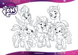 Size: 2339x1654 | Tagged: safe, imported from derpibooru, hitch trailblazer, izzy moonbow, pipp petals, sunny starscout, zipp storm, earth pony, pegasus, pony, unicorn, black and white, coloring page, female, g5, grayscale, male, mane five (g5), mare, monochrome, official, open mouth, smiling, stallion, text