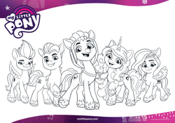 Size: 2339x1654 | Tagged: safe, imported from derpibooru, hitch trailblazer, izzy moonbow, pipp petals, sunny starscout, zipp storm, earth pony, pegasus, pony, unicorn, black and white, coloring page, female, g5, grayscale, grin, looking at you, male, mane five (g5), mare, monochrome, official, open mouth, smiling, stallion, text