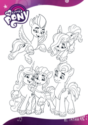 Size: 1654x2339 | Tagged: safe, imported from derpibooru, hitch trailblazer, izzy moonbow, pipp petals, sunny starscout, zipp storm, earth pony, pegasus, pony, unicorn, black and white, coloring page, female, g5, grayscale, male, mane five (g5), mare, monochrome, official, open mouth, smiling, stallion, text