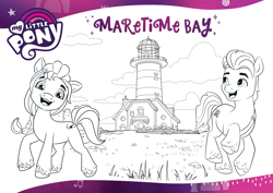 Size: 2339x1654 | Tagged: safe, imported from derpibooru, hitch trailblazer, sunny starscout, earth pony, pony, black and white, coloring page, female, g5, grayscale, lighthouse, looking at you, male, mare, maretime bay, monochrome, official, open mouth, smiling, stallion, text