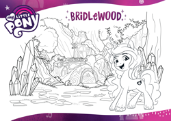 Size: 2339x1654 | Tagged: safe, imported from derpibooru, izzy moonbow, pony, unicorn, black and white, bridlewood, bridlewood forest, coloring page, crystal, female, forest, g5, grayscale, monochrome, official, open mouth, smiling, solo, text
