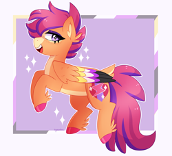 Size: 2668x2436 | Tagged: safe, artist:emera33, imported from derpibooru, scootaloo, pegasus, pony, cloven hooves, colored wings, cutie mark, eyelashes, high res, lidded eyes, multicolored mane, multicolored wings, nonbinary, nonbinary pride flag, open mouth, passepartout, pride, pride flag, solo, white border, wings