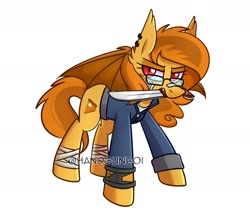 Size: 1750x1500 | Tagged: safe, artist:handgunboi, imported from derpibooru, pony, bandage, commission, ear piercing, fallout, glasses, machete, piercing, simple background, white background