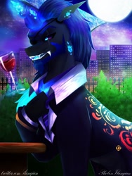 Size: 1200x1600 | Tagged: safe, artist:phobos-ilungian, imported from derpibooru, oc, oc only, oc:phobos, changeling, alcohol, city, cityscape, clothes, glass, male, solo, suit, tuxedo, wine, wine glass