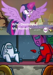 Size: 500x707 | Tagged: safe, edit, edited screencap, imported from derpibooru, screencap, twilight sparkle, alicorn, pony, twilight's kingdom, among us, exploitable meme, meme, obligatory pony, this will end in death, twilight sparkle (alicorn), who destroyed twilight's home