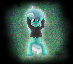 Size: 4718x4108 | Tagged: safe, artist:background basset, imported from derpibooru, lyra heartstrings, pony, unicorn, bipedal, both cutie marks, clothes, crying, dig the swell hoodie, edgy, error, female, glitch, hoodie, open mouth, sad, solo, sweater