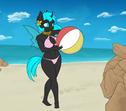 Size: 4681x4096 | Tagged: safe, artist:thehuskylord, imported from derpibooru, oc, oc only, oc:lucy, anthro, changeling, plantigrade anthro, absurd resolution, beach, beach ball, bikini, breasts, changeling oc, clothes, cloud, flower, polka dot swimsuit, rock, solo, swimsuit, wings