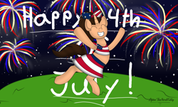 Size: 5030x3030 | Tagged: safe, artist:lynnthenerdkitty, imported from derpibooru, oc, oc only, oc:small brooke, pony, unicorn, 2021, 4th of july, american flag, american independence day, bow, clothes, eyes closed, female, fireworks, hair bow, holiday, midriff, night, skirt, smiling, solo, teeth, text