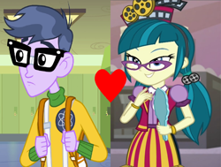 Size: 1206x910 | Tagged: safe, edit, edited screencap, imported from derpibooru, screencap, juniper montage, microchips, equestria girls, equestria girls (movie), mirror magic, spoiler:eqg specials, backpack, crack shipping, cropped, female, glasses, heart, male, microjuniper, mirror, shipping, shipping domino, straight