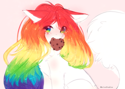 Size: 3035x2150 | Tagged: safe, artist:krissstudios, imported from derpibooru, oc, oc only, earth pony, pony, cookie, cute, female, floppy ears, food, high res, looking at you, mare, multicolored hair, rainbow hair, solo