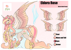 Size: 4961x3508 | Tagged: safe, artist:oneiria-fylakas, imported from derpibooru, oc, oc only, oc:eldora, alicorn, pony, feathered fetlocks, reference sheet, solo, tail feathers