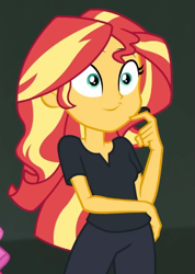 Size: 447x627 | Tagged: safe, imported from derpibooru, screencap, sunset shimmer, all the world's off stage, equestria girls, equestria girls series, all the world's off stage: pinkie pie, black pants, black shirt, clothes, cropped, earpiece, female, finger to chin, huh, smiley face, smiling, solo