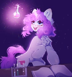 Size: 1004x1078 | Tagged: safe, artist:grach_449, artist:just_gray-x, imported from derpibooru, oc, oc only, pony, unicorn, :d, bipedal, book, chest fluff, ear fluff, erlenmeyer flask, female, flask, glowing horn, horn, looking up, magic, magic aura, mare, open mouth, science, smiling, solo, telekinesis, unicorn oc