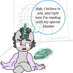 Size: 1080x1080 | Tagged: safe, artist:t.w.magicsparkel.9, imported from derpibooru, oc, oc only, alicorn, pony, alicorn oc, blanket, book, comic, glowing horn, horn, lying down, magic, male, open mouth, prone, smiling, solo, stallion, telekinesis, wings