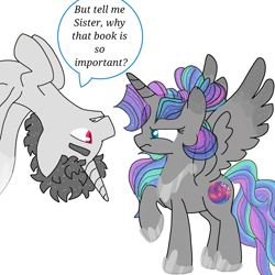 Size: 1080x1080 | Tagged: safe, artist:t.w.magicsparkel.9, imported from derpibooru, oc, oc only, alicorn, pony, alicorn oc, comic, female, frown, hoof shoes, horn, male, mare, peytral, stallion, unamused, upside down, wings