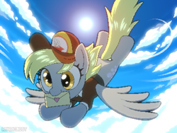 Size: 800x600 | Tagged: safe, artist:rangelost, imported from derpibooru, derpy hooves, pegasus, pony, backlighting, cloud, cute, derpabetes, envelope, female, flying, hat, letter, mailmare, mailmare hat, mailmare uniform, mare, mouth hold, outdoors, pixel art, sky, smiling, solo, spread wings, sun, wings