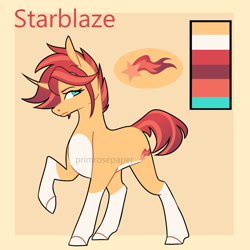 Size: 1280x1280 | Tagged: safe, artist:primrosepaper, imported from derpibooru, oc, oc only, oc:starblaze burst, pony, unicorn, coat markings, female, mare, offspring, pale belly, parent:starlight glimmer, parent:sunburst, parents:starburst, reference sheet, socks (coat markings), solo