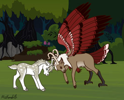 Size: 2058x1657 | Tagged: safe, artist:misskanabelle, imported from derpibooru, oc, oc only, oc:snow candy, oc:thorne, deer, hybrid, reindeer, adopted offspring, antlers, brothers, duo, interspecies offspring, magical lesbian spawn, male, offspring, outdoors, parent:pinkie pie, parent:princess skystar, parents:skypie, siblings, signature, wings