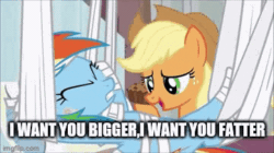 Size: 360x202 | Tagged: safe, edit, edited screencap, imported from derpibooru, screencap, applejack, rainbow dash, earth pony, pegasus, pony, rainbow falls, season 4, animated, apple brown betty (food), applejack's hat, bandage, bandaid, cowboy hat, crumbs, duo, duo female, family guy, feeder, feederism, feeding, female, food, freckles, gif, hat, hoof in mouth, hoofjack, hospital, implied weight gain, mare, open mouth, talking with your mouth full, text