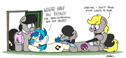 Size: 3414x1590 | Tagged: safe, artist:bobthedalek, imported from derpibooru, dj pon-3, octavia melody, vinyl scratch, oc, oc:mixed melody, oc:octavia's father, oc:octavia's mother, oc:ostinato melody, earth pony, pony, unicorn, atg 2021, bag, biting, booties, door, female, male, mare, mothers gonna mother, newbie artist training grounds, nom, prehensile tail, saddle bag, stallion, tail bite, tail hold, this will end in intensive mothering, varying degrees of want