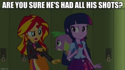 Size: 889x500 | Tagged: safe, edit, edited screencap, imported from derpibooru, screencap, spike, sunset shimmer, twilight sparkle, dog, equestria girls, equestria girls (movie), caption, image macro, spike the dog, text