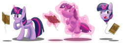 Size: 5000x1750 | Tagged: safe, artist:bladedragoon7575, imported from derpibooru, twilight sparkle, alicorn, pony, balloon, book, female, forced smile, glowing horn, horn, inanimate tf, magic, mare, objectification, open mouth, open smile, question mark, simple background, smiling, solo, transformation, transformation sequence, transformed, transparent background, twilight sparkle (alicorn)